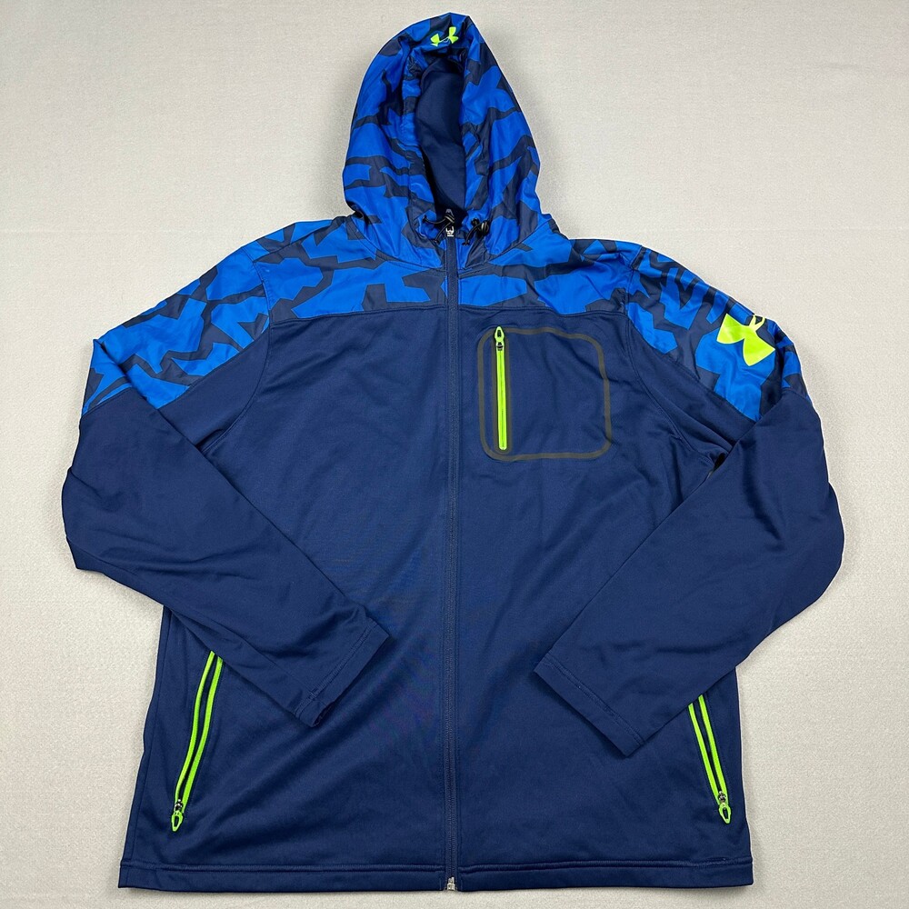 Under Armour Jacket Men Extra Large Blue Camo Trim Hood Pullover Windbreaker XL